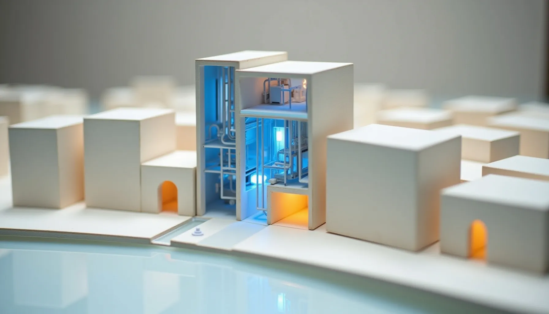 A handcrafted scale model of a working campus in white board and birch, warm light in the windows and one building in glowing cobalt blue — the system Hashlogics builds and keeps running.