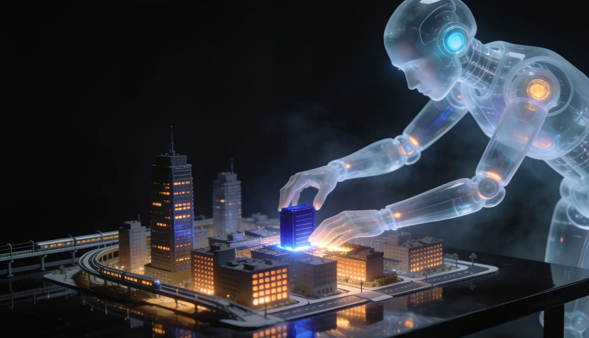 A translucent robot leans over a miniature city alive with warm lit windows, carefully placing a glowing cobalt-blue building — automation building the system that keeps running.