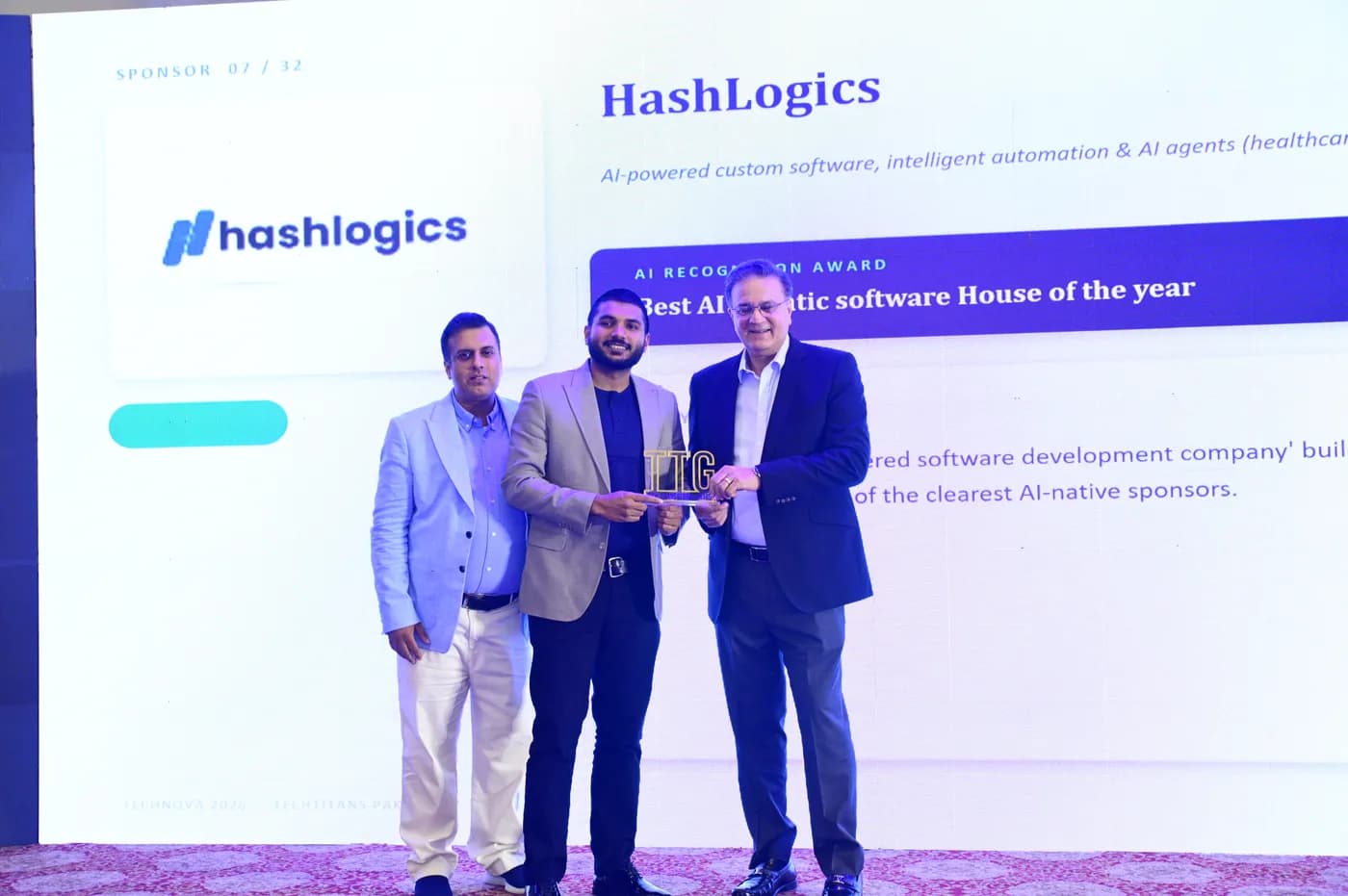 Hashlogics receiving the Best AI-Native Software House of the Year award at the Tech Titans Global Awards, TechNova 2026