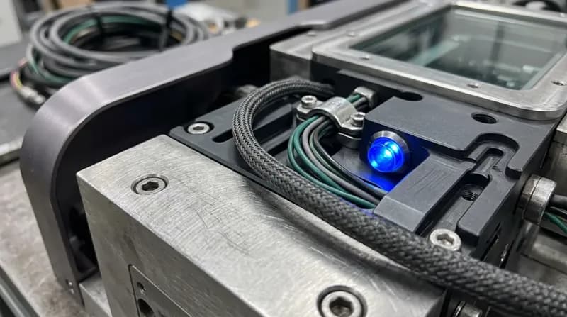 A precision assembly on a workbench caught mid-operation, machined surfaces and cabling, one blue indicator lit.