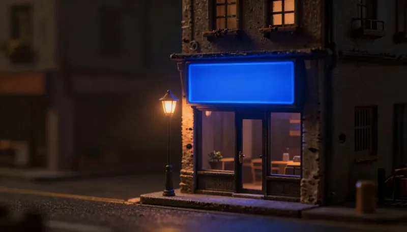A faceless wooden shopper figurine pushes a cart past miniature storefronts, with one glowing blue storefront sign representing the Bevaya platform being compared.