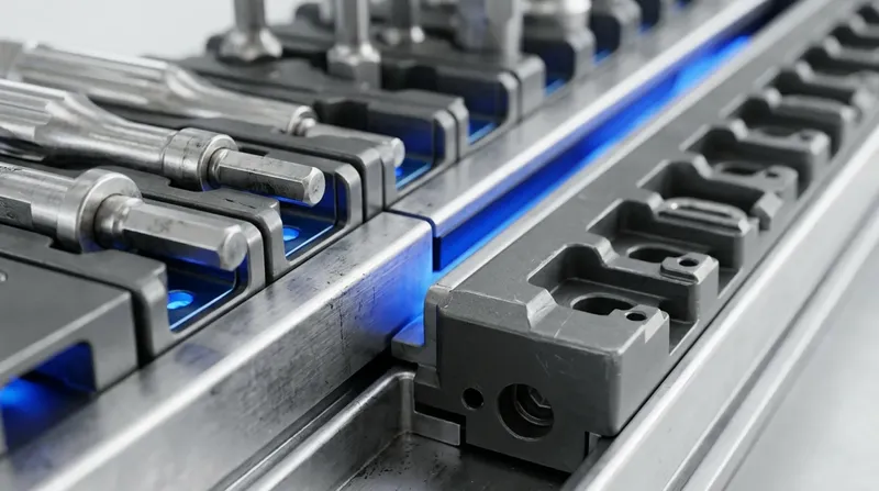 A workshop bench where two matching tool rails meet end to end, one rail's tools seated in the other's empty stations, blue light along the join.
