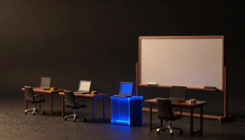 Three faceless wooden figurines sit at desks with laptops beside an empty desk holding a glowing blue terminal, representing the choice to hire an in-house AI team.