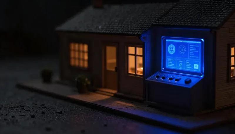 A faceless wooden builder figurine holds blueprints beside a half-built house frame with a glowing blue control panel, representing the Lovable app-building platform.