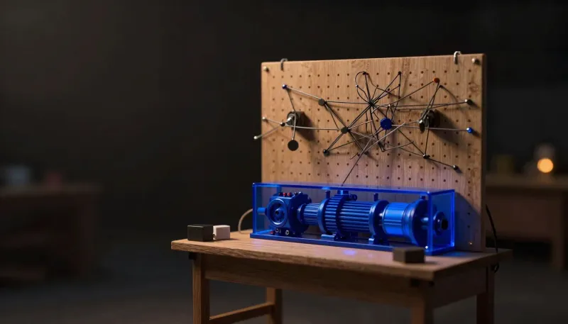 A miniature bench shows a tangled pegboard of strings on top and a calm glowing blue gearbox underneath, making the point that the visual canvas is the problem, not the machine driving it.