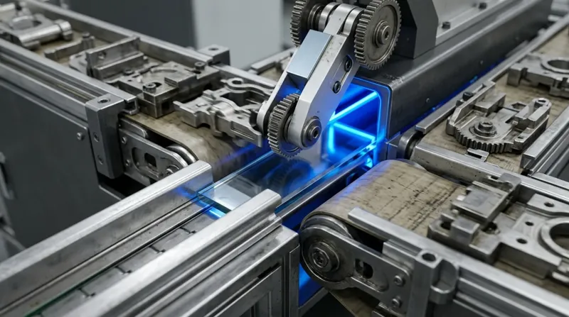 Two industrial conveyor lines merging at a single junction where a part transfers between them, blue transfer light.