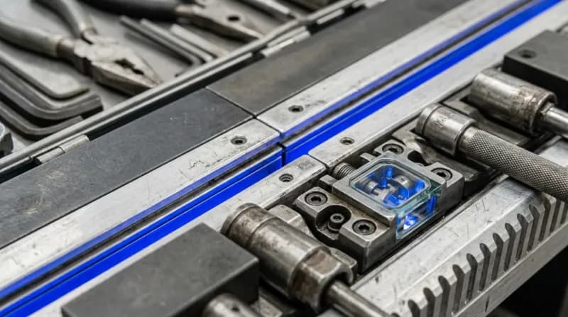 A workshop bench where two matching tool rails meet end to end, one rail's tools seated in the other's empty stations, blue light along the join.