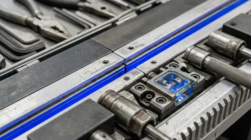 A workshop bench where two matching tool rails meet end to end, one rail's tools seated in the other's empty stations, blue light along the join.