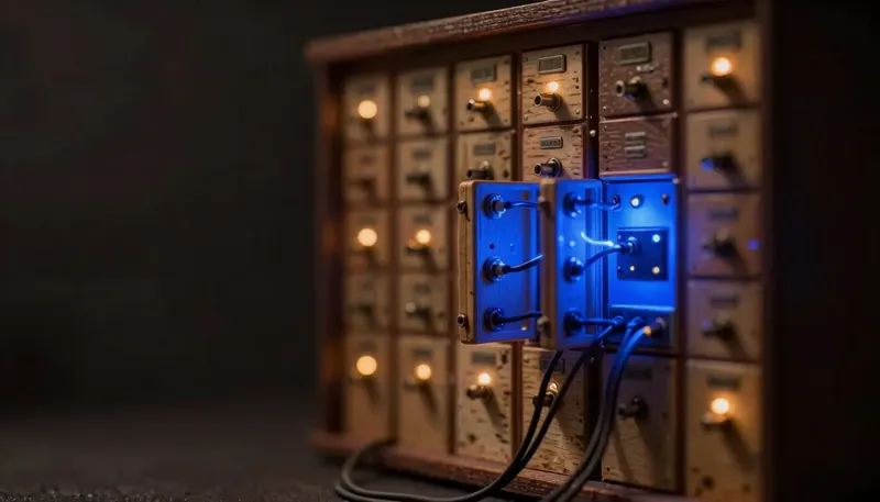 A miniature telephone exchange shows one glowing blue patch panel being swapped into an otherwise unchanged room, the way a voice carrier gets replaced without rebuilding the whole system.