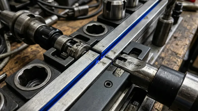 A workshop bench where two matching tool rails meet end to end, one rail's tools seated in the other's empty stations, blue light along the join.