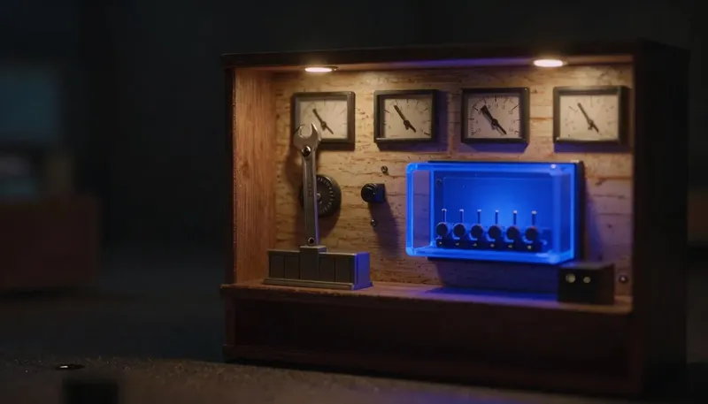 A miniature utility panel with dials turned past their limits and a glowing blue regulator being adjusted shows a hosting bill fixed by reconfiguring, not switching providers.