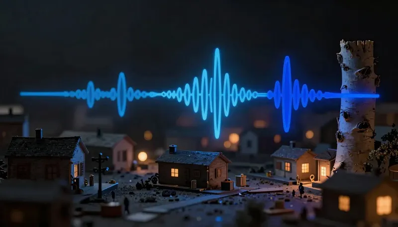 A faceless wooden figurine holds a microphone to a soundwave panel glowing in blue acrylic, representing Whisper's speech-to-text transcription.