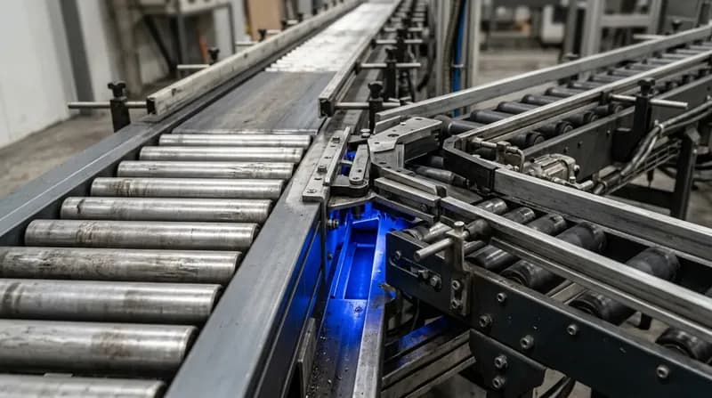 Two industrial conveyor lines merging at a single junction where a part transfers between them, blue transfer light.