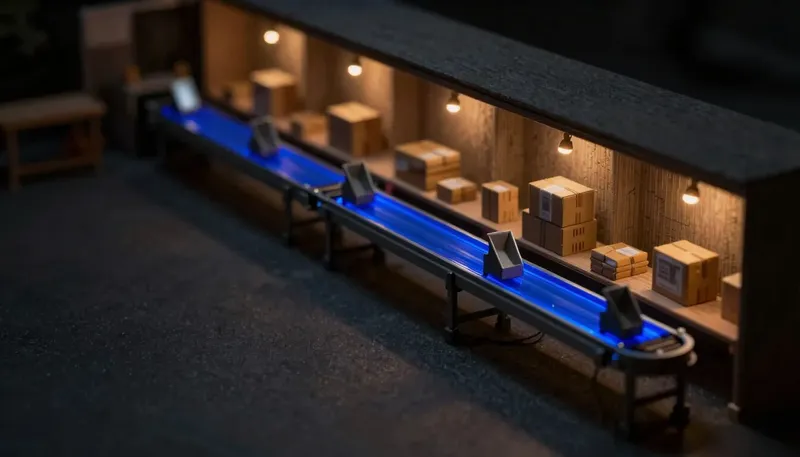 A miniature sorting room compares a fixed row of simple birch chutes to a reconfigurable glowing blue conveyor lane, showing when the work outgrows simple app-to-app handoffs.