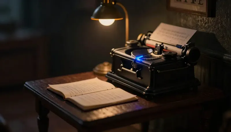 Miniature night diorama: a brass dictation machine with a turning cylinder over an open chart, its stylus glowing cobalt.