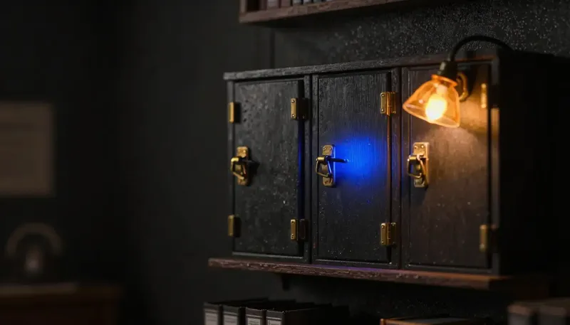 Miniature night diorama: three latched cabinet doors above a shelf of policy binders, the middle latch glowing cobalt.