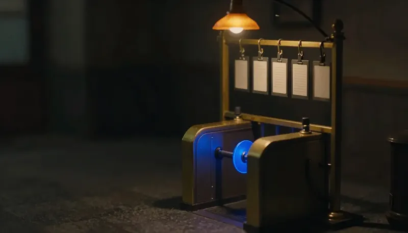 Miniature night diorama: a brass turnstile before a rack of blank staff badges, its rotating spindle glowing cobalt.