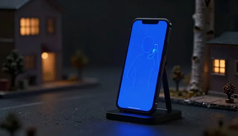A faceless wooden receptionist figurine lifts a phone handset at a desk with a glowing blue phone base, representing an AI agent answering a business call.