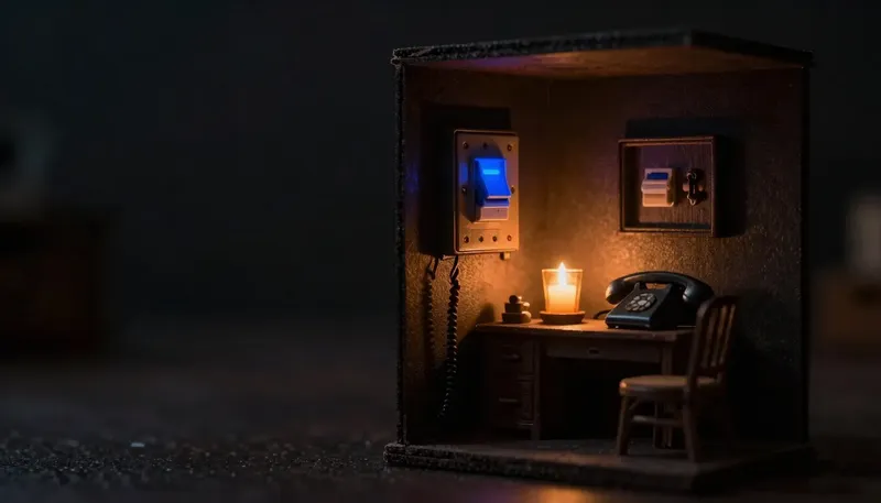 Miniature night diorama of a dark house interior lit by one amber candle, an open breaker panel on the wall with a single cobalt breaker glowing, a telephone on the hall table.
