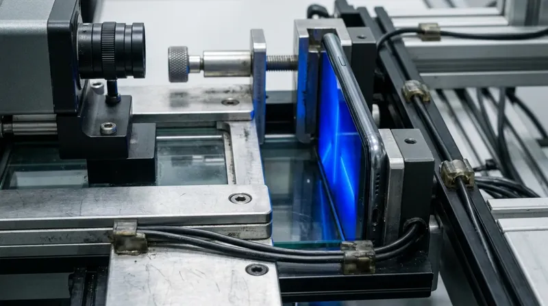 A phone clamped in a device-testing rig beneath a camera, blue screen glow.