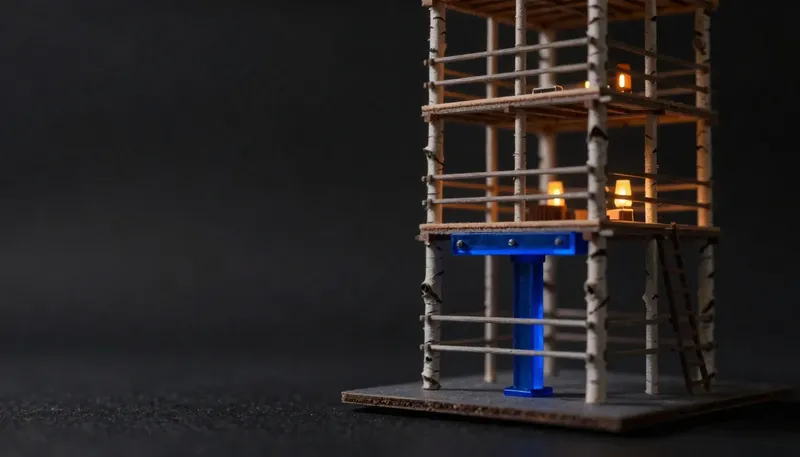 A miniature tower wider at the top than its foundation, reinforced by one glowing blue support beam, shows how far a no-code app can scale before it needs real engineering underneath.