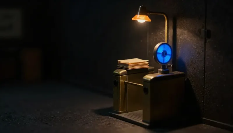 Miniature night diorama: a brass turnstile gate metering a queue of case folders, its spindle glowing cobalt.
