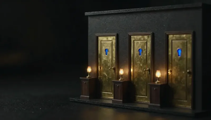 Miniature night diorama: three brass hotel doors above an amber-lit bell desk, one keyhole glowing cobalt.