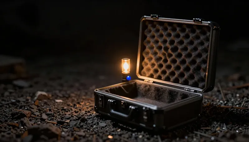 Miniature night diorama: close-up of a rugged field tablet cradle on a truck tailgate, blank tickets queued in an amber tray, one cobalt sync lamp