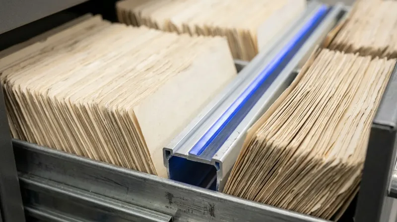 A library card catalogue drawer pulled open, index cards fanned upright, blue light along the rail.