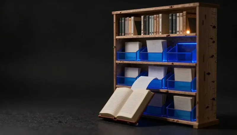 A glowing blue retrieval arm reaches into document trays on a bookshelf beside one oversized open book, contrasting RAG retrieval with a larger context window.