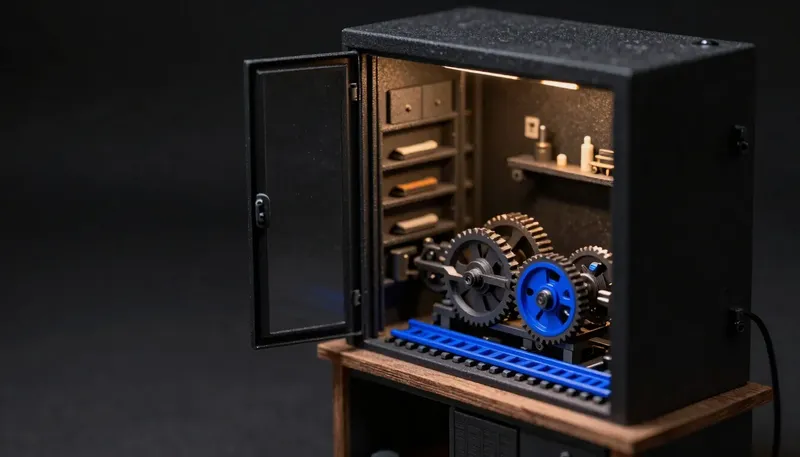 Miniature night diorama: close-up of a massive sealed ERP cabinet looming over a small machine-shop bench where a modest open gear train already runs, its tracking rail cobalt