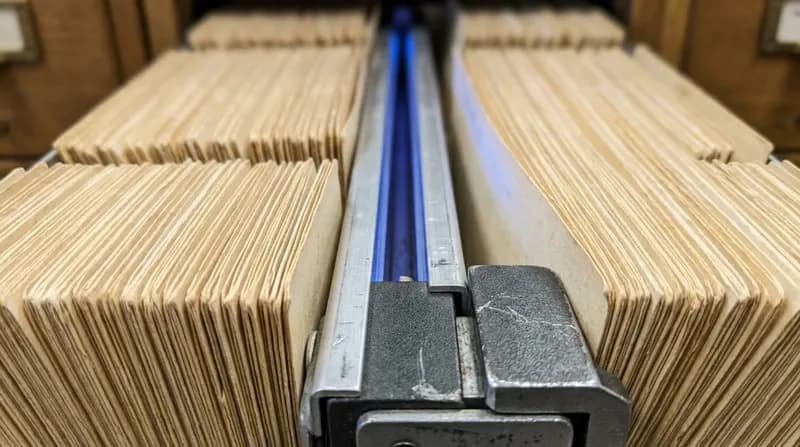 A library card catalogue drawer pulled open, index cards fanned upright, blue light along the rail.