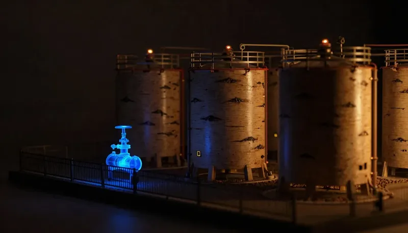 A miniature tank farm sets one pressurized tank with a glowing blue valve apart from ordinary atmospheric tanks, showing which fuel storage actually falls under the safety rule.