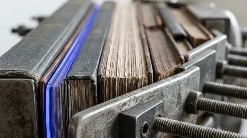 Law reports clamped in a bookbinder's press, spines and page edges filling the frame, one volume edge lit blue.