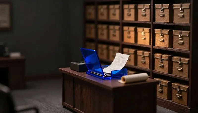 A miniature archive hall shows a sealed case file passing through a glowing blue scanning terminal beside an unrolled terms document, illustrating how a tool's fine print can waive legal privilege.