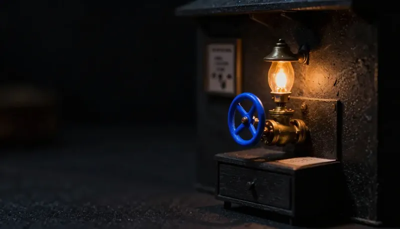 Miniature night diorama: a heavy brass gate valve in a wall before a chart drawer, its handwheel glowing cobalt.