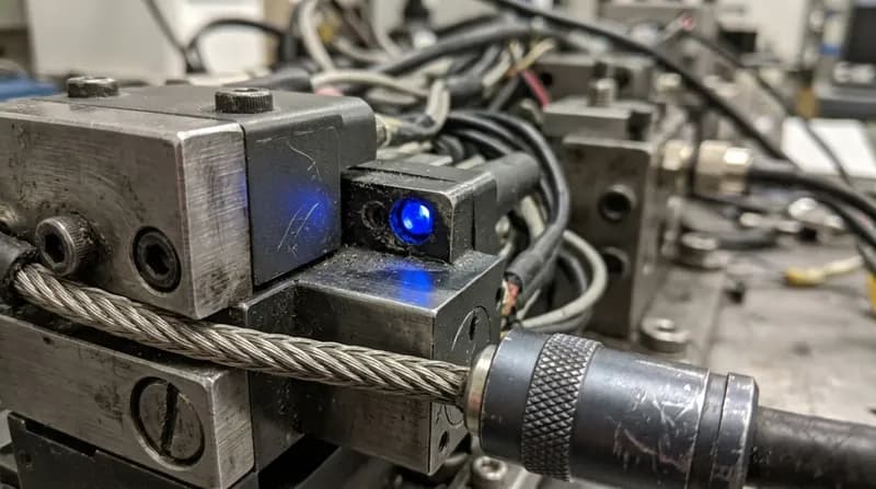 A precision assembly on a workbench caught mid-operation, machined surfaces and cabling, one blue indicator lit.