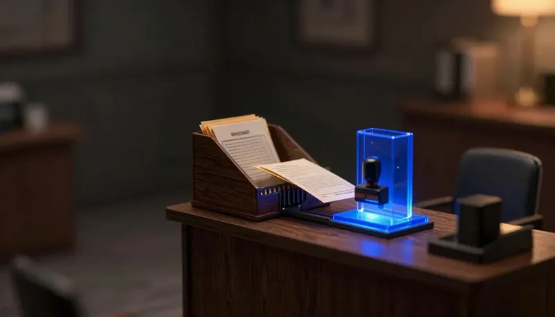 A miniature rental office shows a tenant folder passing through a glowing blue scoring gate before approval, showing that automating the screening step does not remove the landlord's liability.