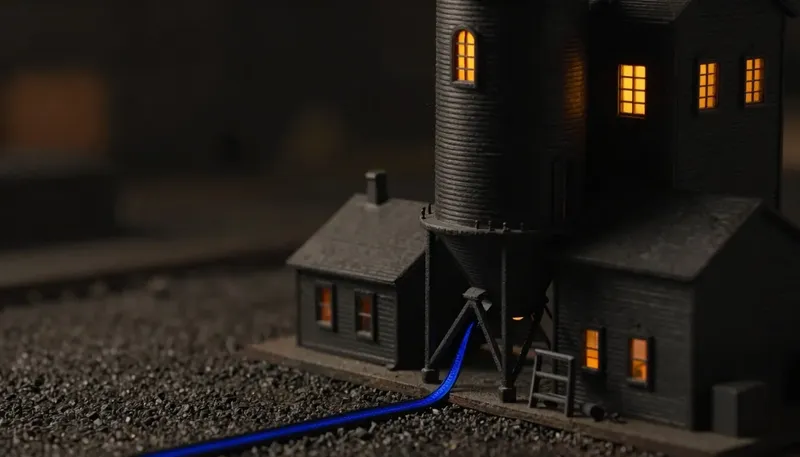 Miniature night diorama: close-up of a grain-elevator leg diorama with a cobalt probe line reading a silo, blank scale tickets in an amber tray
