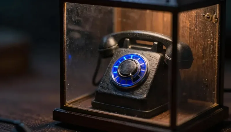 Miniature night diorama: close-up of a telephone switchboard inside a glass privacy case with a heavy latch, the seal ring glowing cobalt