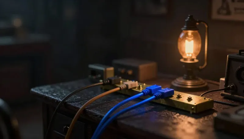 Miniature night diorama: a brass patch panel on a dark desk, three cables plugged and one loose, an amber lamp, one cobalt cable lit end to end.