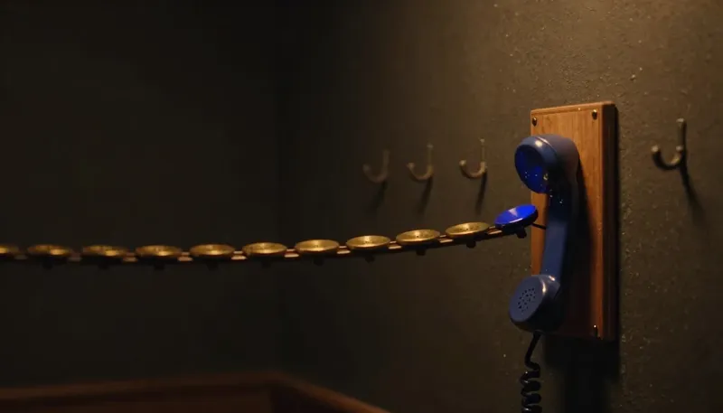 Miniature night diorama: close-up of a maintenance-ticket rail carrying blank tags from a telephone to a key wall, the rail cobalt