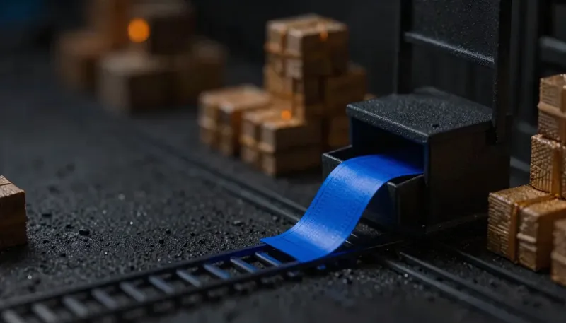 Miniature night diorama: close-up of a scale ticket sliding from a weighbridge head into a ledger drawer along a cobalt rail, bale stacks bokeh
