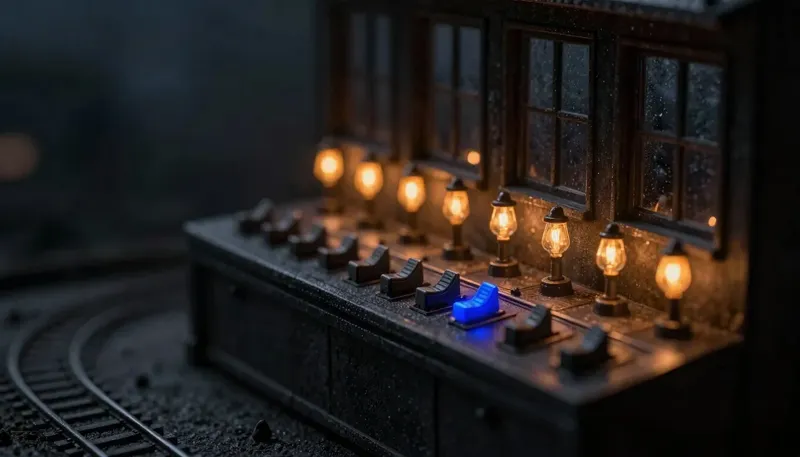 Miniature night diorama: close-up of a switchboard flooded with amber call lamps under a storm-lit window, one cobalt rail routing them in order