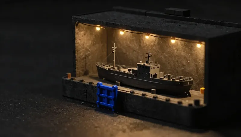 Miniature night diorama: a harbor scheduling drum with a completely blank pale face, miniature plain ship silhouettes queued along a cobalt berth rail, amber dock lights, no markings anywhere