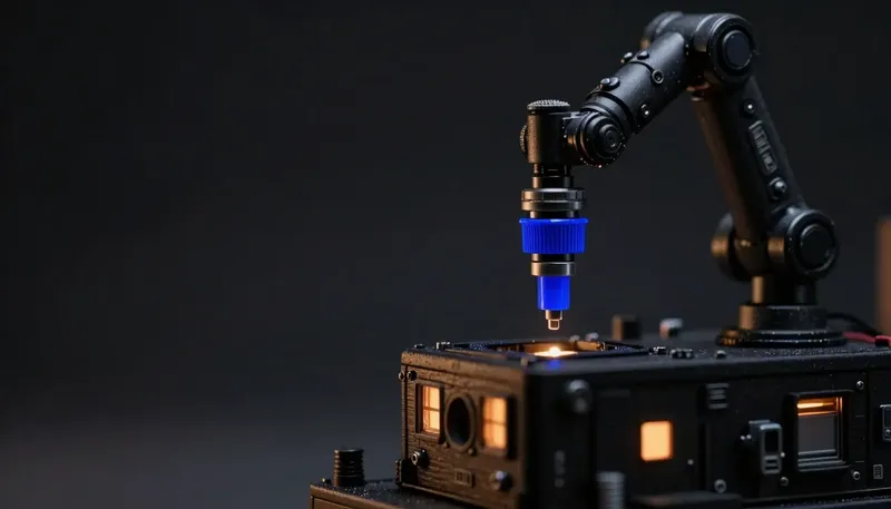 Miniature night diorama: close-up of a precise robotic assembly arm being docked into an existing machine through a neat port, the docking collar cobalt