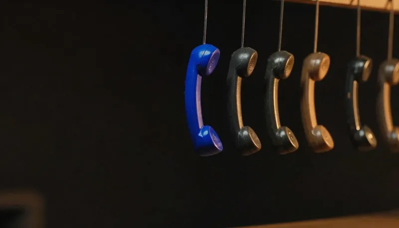 Miniature night diorama: close-up of a rotary phone bank whose amber handsets are being lifted by a single elegant cobalt call-rail