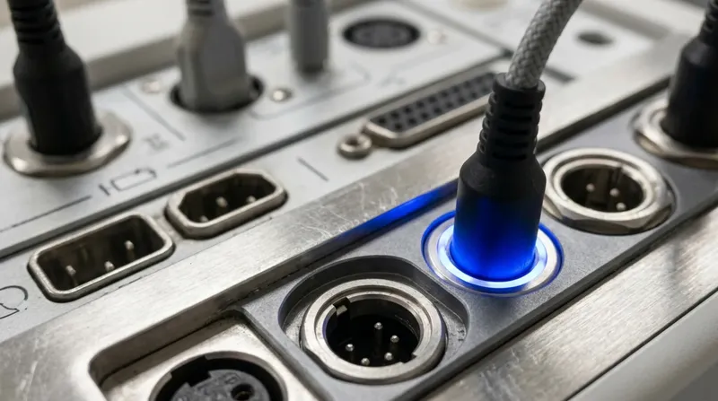 A hospital bedside monitor's connector panel, lead sockets in a machined bezel, one lead seated and glowing blue.