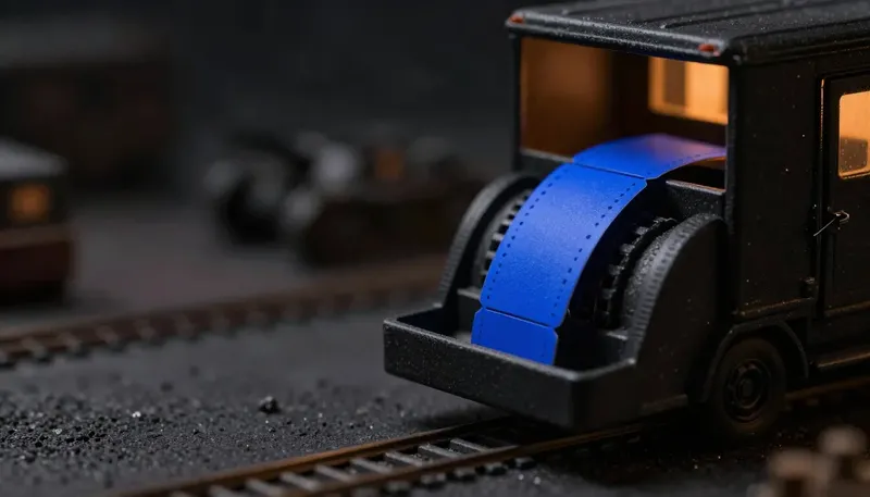 Miniature night diorama: close-up of blank field tickets moving down a cobalt rail from a truck-cab tray into a cash drawer, tank battery bokeh behind