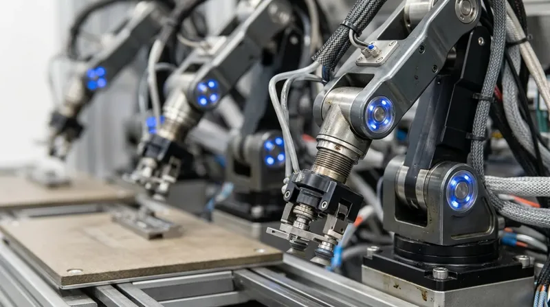 A row of small robotic pick-and-place arms over a shared work surface, each holding a part mid-motion, blue joint indicators.